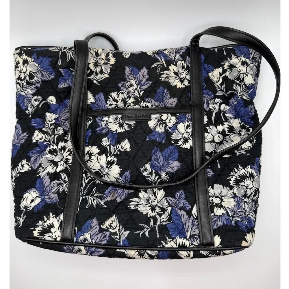 Vera Bradley Quilted Floral Tote Bag Black Blue White Flowers